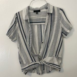 Kelly Renee XS knotted shirt blouse bluish gray stripes linen blend